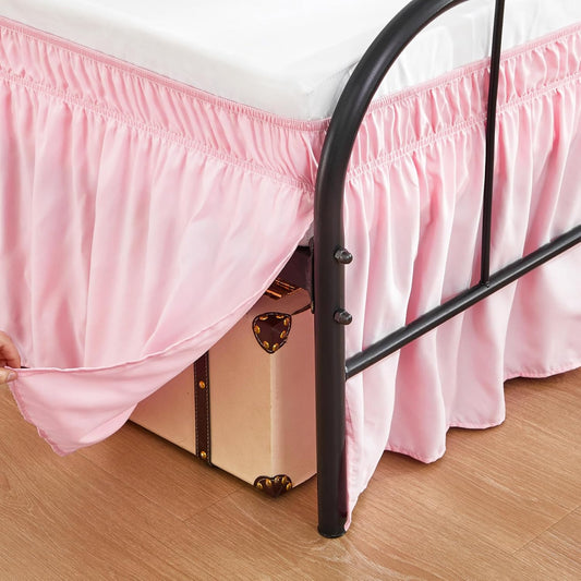 RIMELA Pink Bed Skirt Queen Size 15 Inch Drop Split Corners, Wrap Around Elastic Bedskirt, Dust Ruffle for Adjustable Bed Base Machine Washable Easy to Install Bed Skirts