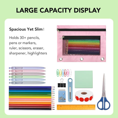 Pencil Pouch for 3 Ring Binder, Heavy Duty Canvas Dual Zipper Pen Bag with Clear Window, Smooth Metal Zipper, Fit Standard 3-Ring Binders for School Office Travel Supplies (Pink)