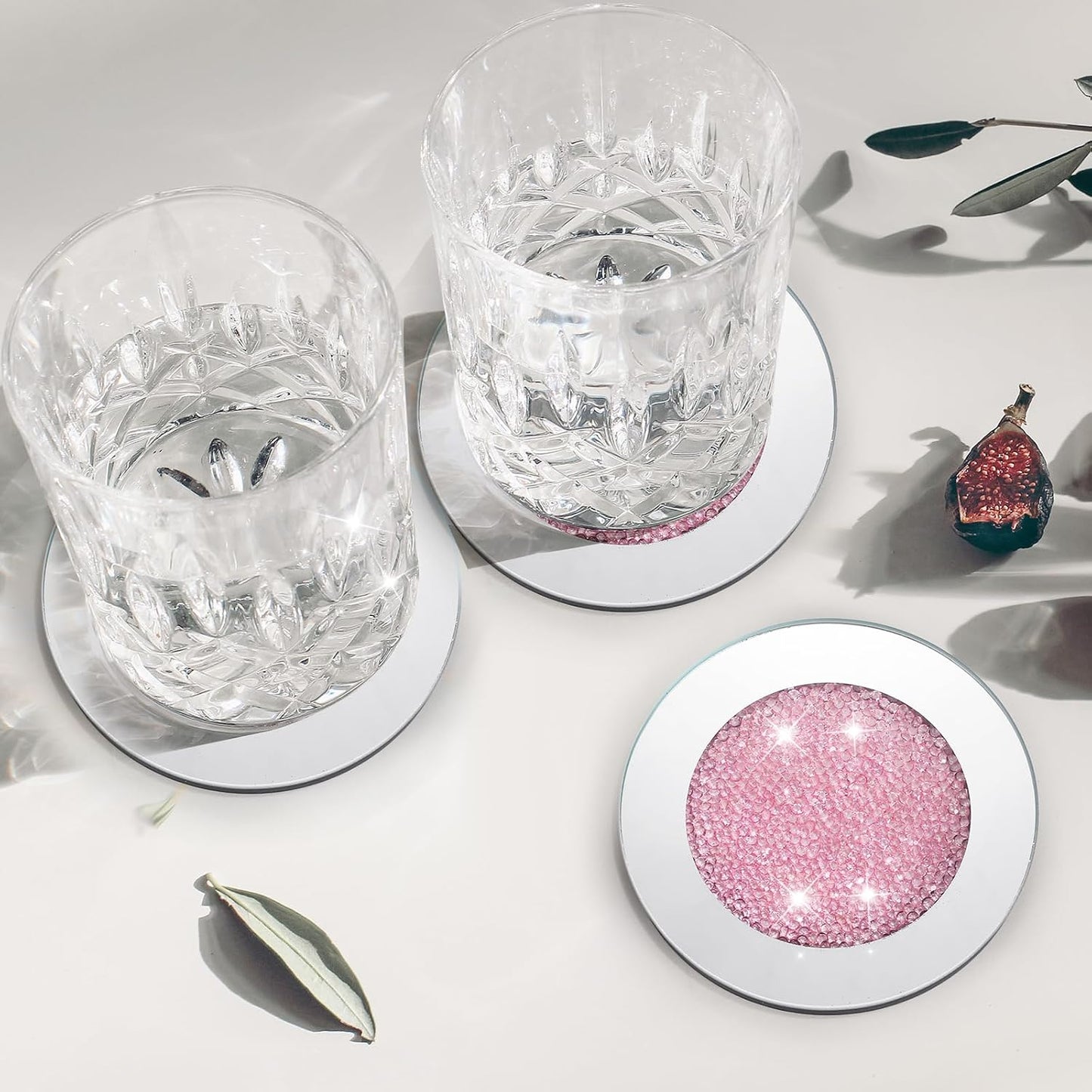 Jetec Mirrored Glass Coaster Set of 6 with 1 Holder 4" Crushed Diamond Round Cup Mat Glitter Crystal Rhinestone Glass Coaster Bling Table Decor for Bar Kitchen Gift for Christmas(Pink,4 Inch)