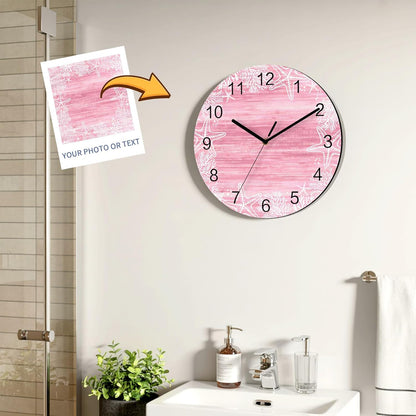 Ocean Wall Clock Battery Operated Non-Ticking 10" Round Wood Clocks, Starfish Seashell Coral Marine Life Pink Kitchen Wall Clock for School Bathroom Living Room Home Office Wall Decor