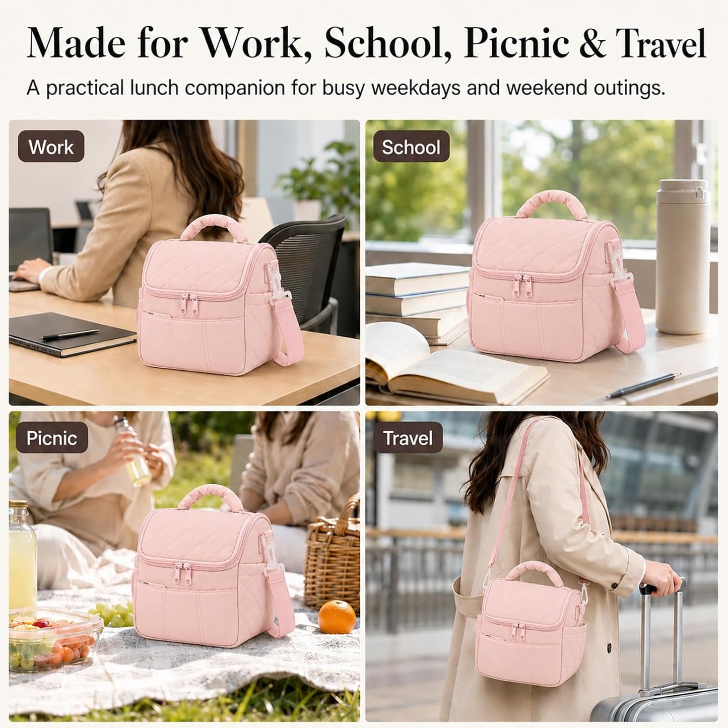 Pink Lunch Bag for Women, Insulated Cute Quilted Lunch Box, Lightweight Puffy Padded Leakproof Lunch Cooler Tote, Reusable Large Thermal Lunch Bag for Work Picnic Travel (Pink-M)