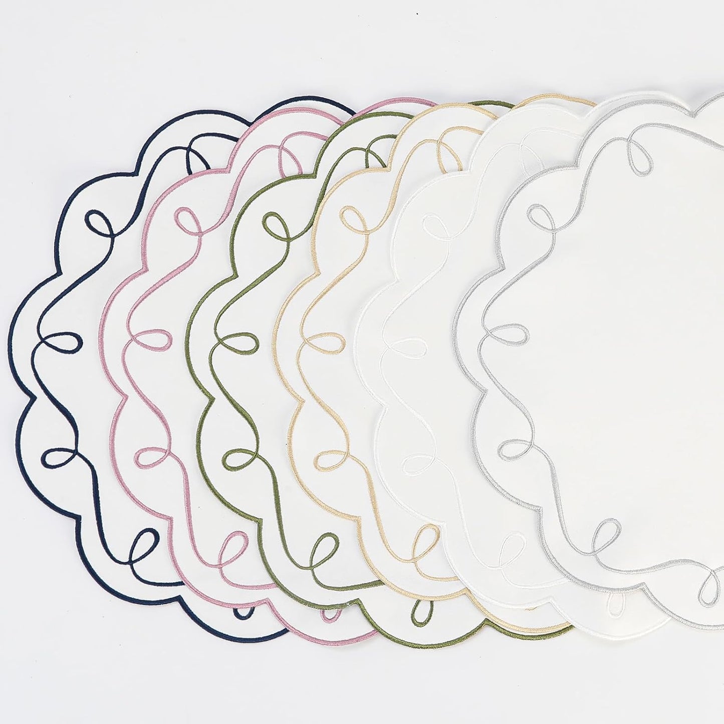 16.5 Inch Ribbon Twirl Embroidery Round Placemats Set of 4, Scalloped Round Table Mats for Party Kitchen Dining Decoration, Pink