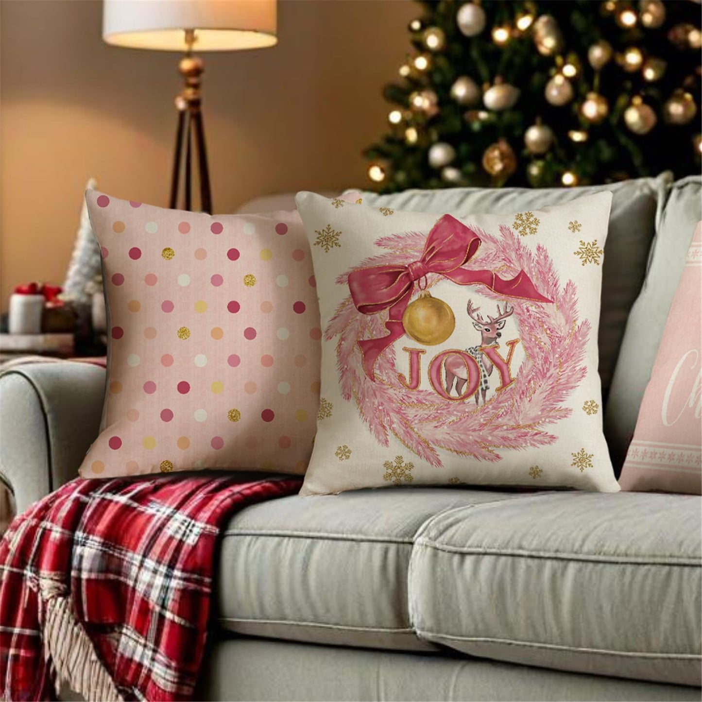 Christmas Pink Gold Snowflake Throw Pillow Covers Merry Christmas Tree Pillow Covers 18x18 Set of 4 Winter Holiday Cushion Case Polka Dot Decoration for Sofa Couch