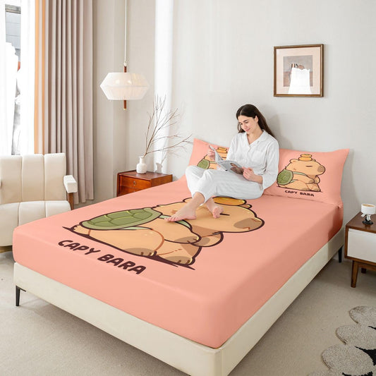 Manfei Cartoon Capybara Fitted Sheet Set Turtle Shell Kawaii Bedding Set for Kids Bedroom Lazy Cute Animal Bed Sheet Set 2pcs Deep Pocket Mattress Cover,No Top Flat Twin Peach Pink