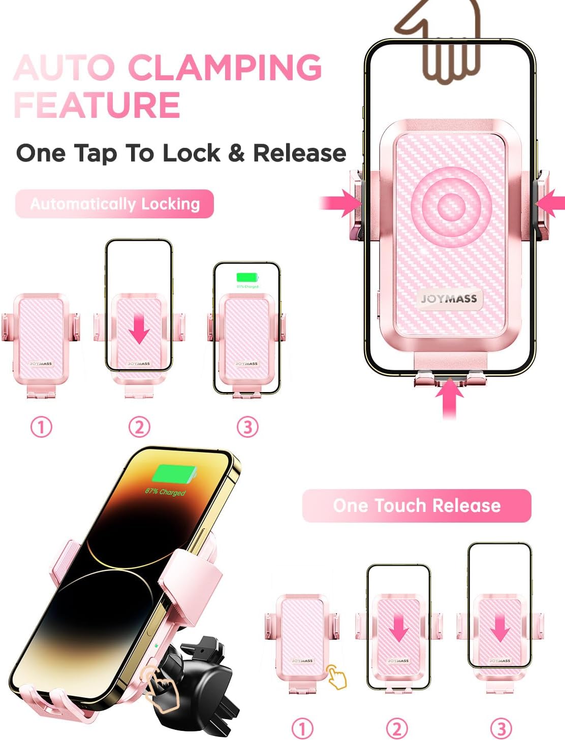 JOYMASS Wireless Car Charger, Phone Holders for Your Car, 15W Auto Clamping Phone Mount Car Accessories for iPhone 16 15 14 13 12 Mini Pro Max 11, Samsung Galaxy S24 Ultra S23 S22+ Note 20, etc-Pink