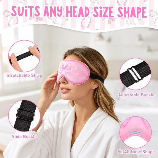 OlyPegic 2 Pcs Girls Sleep Masks for Women Girls Silk Eye Mask Sleeping Eye Masks Women with Adjustable Strap Soft Lightweight Eye Cover Pink Bow Blindfold Shade Light Blocking Travel Home Use