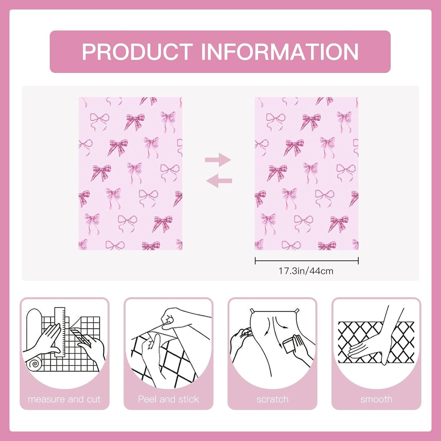 RUSPEPA Peel and Stick Wallpaper, 17.3 Inch x 6.5 Feet, Pink Bow Design Self Adhesive Removable Wallpaper Decorative Waterproof Contact Paper for Cabinets, Walls