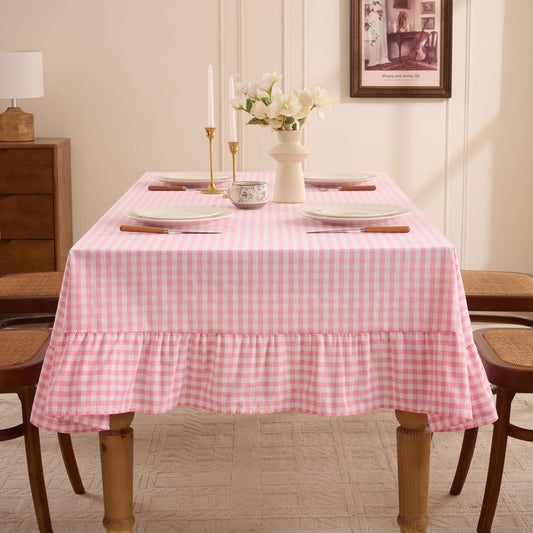 Romanstile Gingham Ruffled Tablecloth Rectangle - Waterproof Linen Cotton Checkered Table Cloth, Outdoor Plaid Table Cover for Picnic, Camping, Party - 60 x 120 Inch, Pink