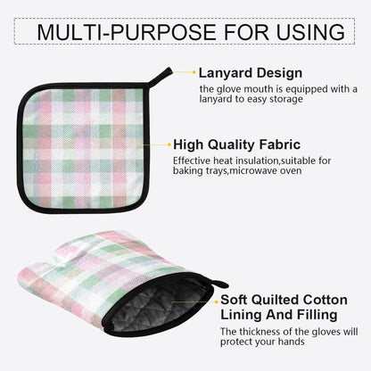Light Pink Green Plaid Oven Mitts and Pot Holders Set for Cooking Baking Kitchen Decor