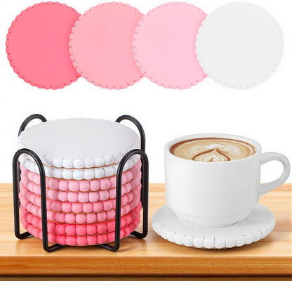 Chengu 8 Pcs Pink Wooden Bead Coasters with Metal Holder Cute Pink Coquette Coasters Desk Decorations Absorbent Rustic Farmhouse Decorative Wooden Cup Mat for Bar Kitchen Housewarming Gifts