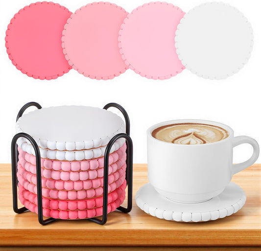 Chengu 8 Pcs Pink Wooden Bead Coasters with Metal Holder Cute Pink Coquette Coasters Desk Decorations Absorbent Rustic Farmhouse Decorative Wooden Cup Mat for Bar Kitchen Housewarming Gifts