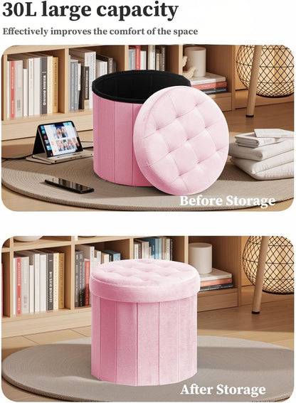 Bsketa® Folding Storage Ottoman Round 14" x 14" x 13"Inch Foot Stool with Thicker Foam Padded Seat Small Velvet Storage Ottoman Bench Foot Rest for Living Room Foldable Coffee Table(Pink)