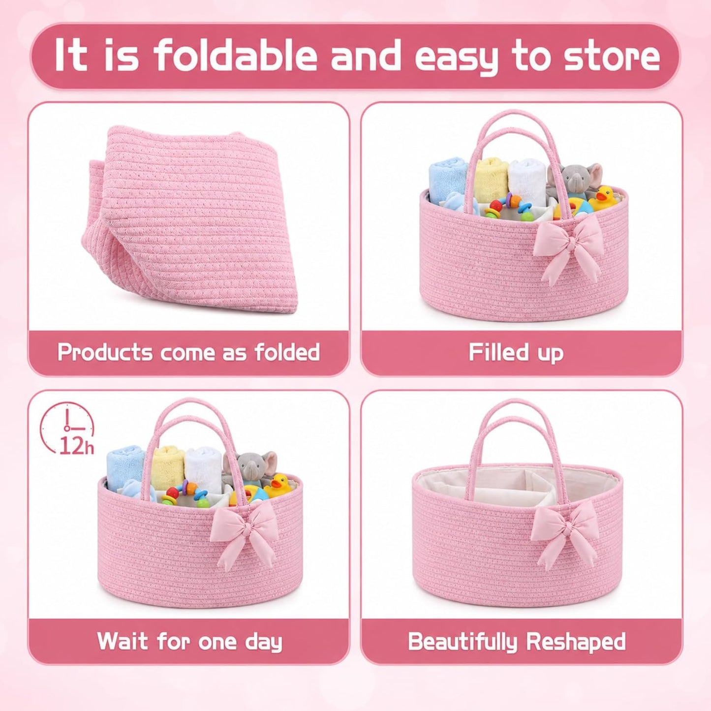 Hushee Pink Bow Baby Diaper Caddy Organizer Baby Gift Bag with Handle Nursery Diaper Basket Organizer for Newborn Boy and Girl Storage Bin for Diapers Wipes New Mom Gift