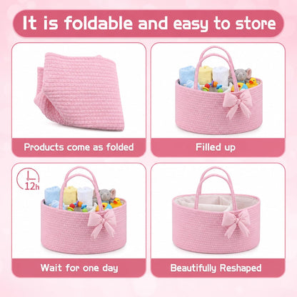 Hushee Pink Bow Baby Diaper Caddy Organizer Baby Gift Bag with Handle Nursery Diaper Basket Organizer for Newborn Boy and Girl Storage Bin for Diapers Wipes New Mom Gift