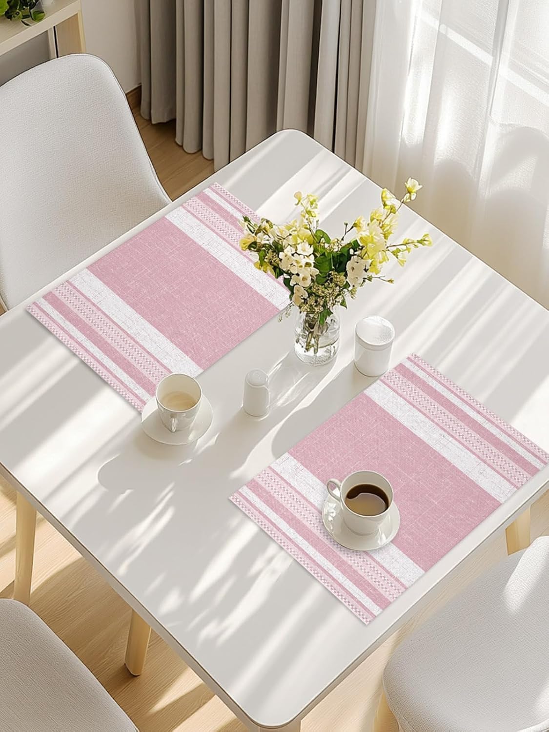 Vintage Pink Striped Placemats Set of 6, Farmhouse Modern Stripes Boho Placemats for Dining Table, Place Mats for Kitchen Tabletop, Waterproof Wipeable Dining Table Mats Set