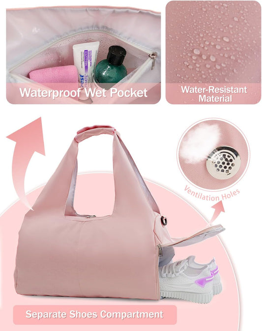 RHDZO Gym Bag for Women with Shoe Compartment Yoga Mat Bag with Wet Pocket and Water Bottle Holder Weekender Bag with Strap
