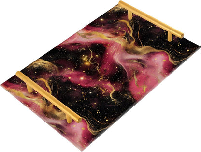 Golden Peach Waves Marble Decorative Acrylic Breakfast Tray with Handles Tray for Coffee Table for Jewelry Perfume for Dinner Serving bandeja decorativa para perfumes