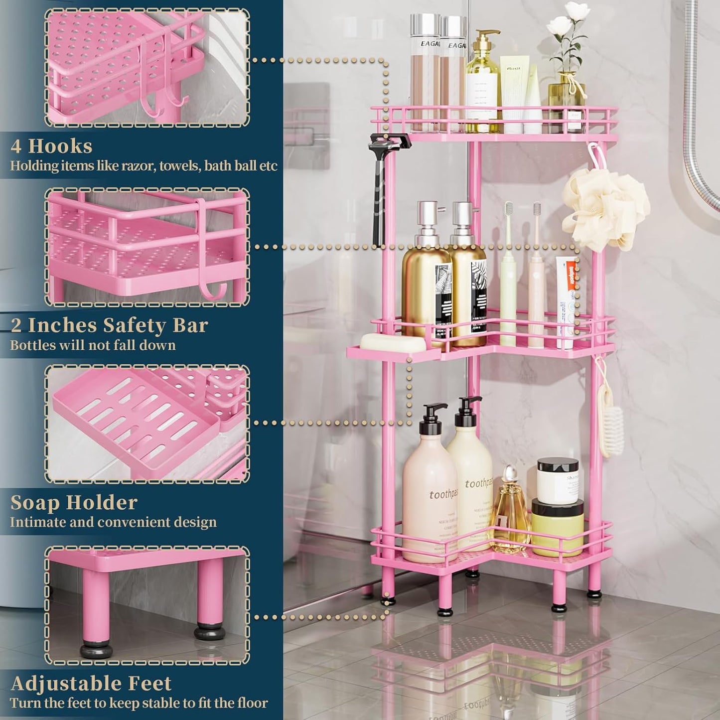 Consumest Corner Shower Caddy Standing - 3-Tier Stainless Steel Shower Organizer with Soap Holder and 4 Hooks, Large Capacity Corner Shelf Stand for Bathroom, Rest Room, Pink