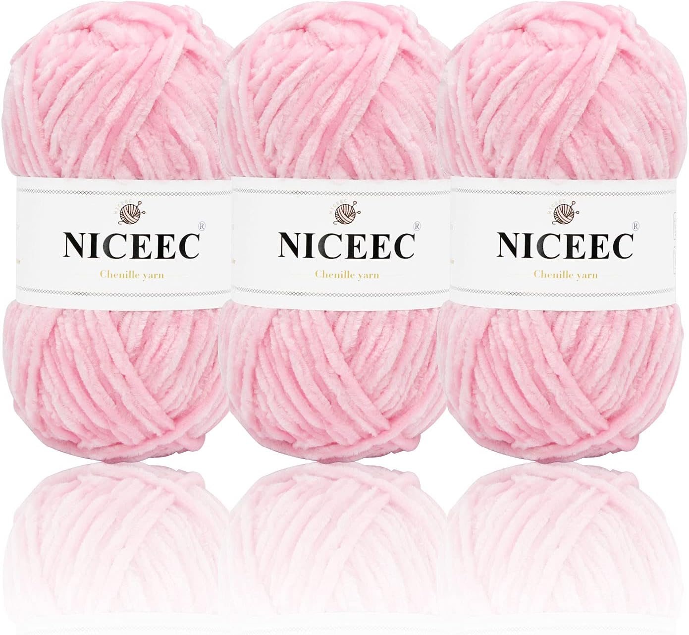 NICEEC 3 Skeins Soft Chenille Yarn Blanket Yarn for Knitting Fancy Yarn for Crochet Weaving DIY Craft Total Length 3×85m (3×93yds, 3×50g)_Light Pink