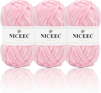 NICEEC 3 Skeins Soft Chenille Yarn Blanket Yarn for Knitting Fancy Yarn for Crochet Weaving DIY Craft Total Length 3×85m (3×93yds, 3×50g)_Light Pink