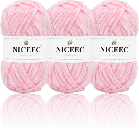 NICEEC 3 Skeins Soft Chenille Yarn Blanket Yarn for Knitting Fancy Yarn for Crochet Weaving DIY Craft Total Length 3×85m (3×93yds, 3×50g)_Light Pink