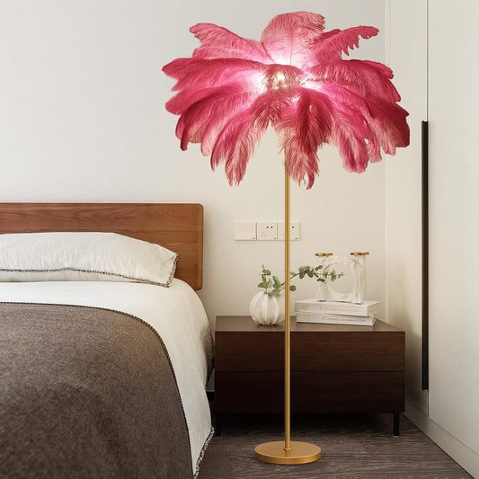 Natural Ostrich Feather Floor Lamp with Feather lampshade Dimmable Floor Standing Lamp Gold Feather Floor Lamp for Living Room Decor Corner Floor Lamp for Bedroom Study Office(Pink)