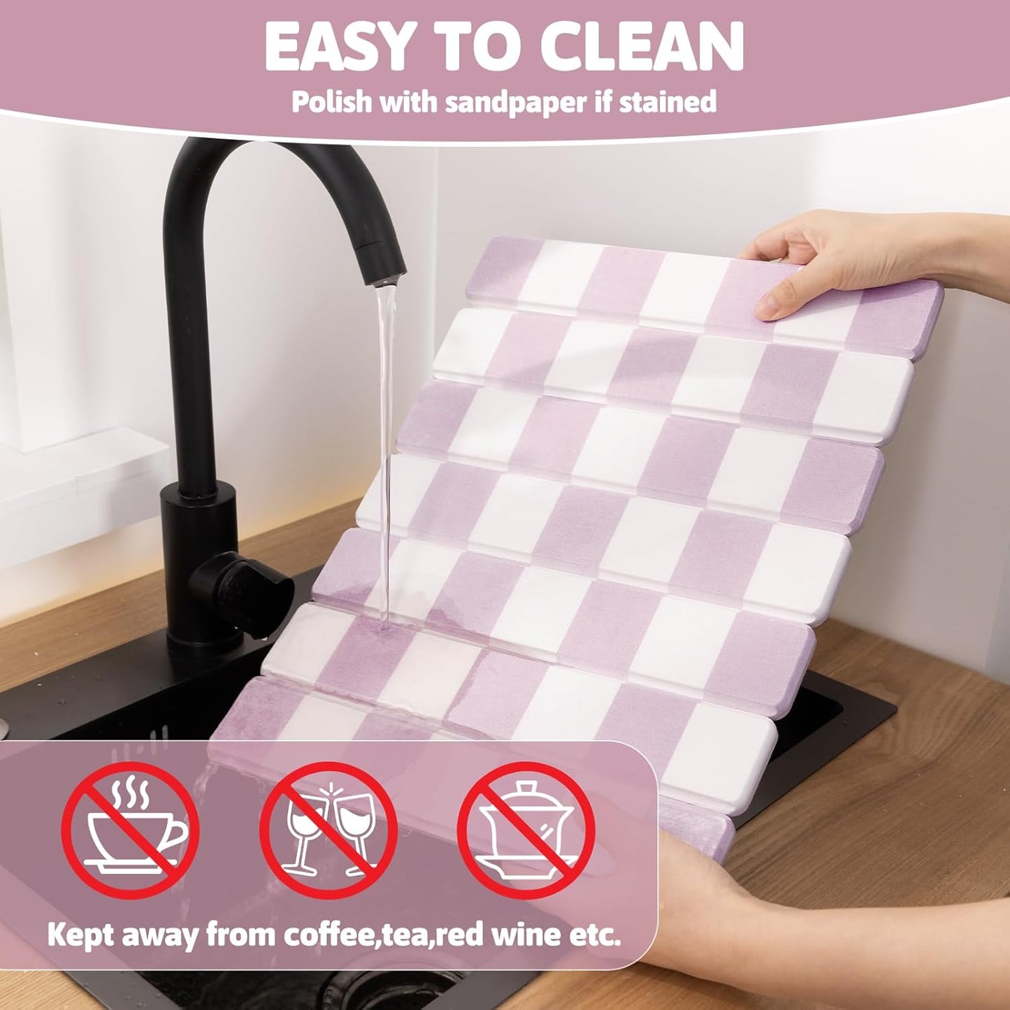 Yamaziot Stone Drying Mat for Kitchen Counter, 16"x12" Small Foldable Ultra Absorbent Stone Drying Mat, Quick-Dry Diatomaceous Earth Mat, Non-Slip Heat Resistant Mat for Dishes, Cups, Bottles, Pink