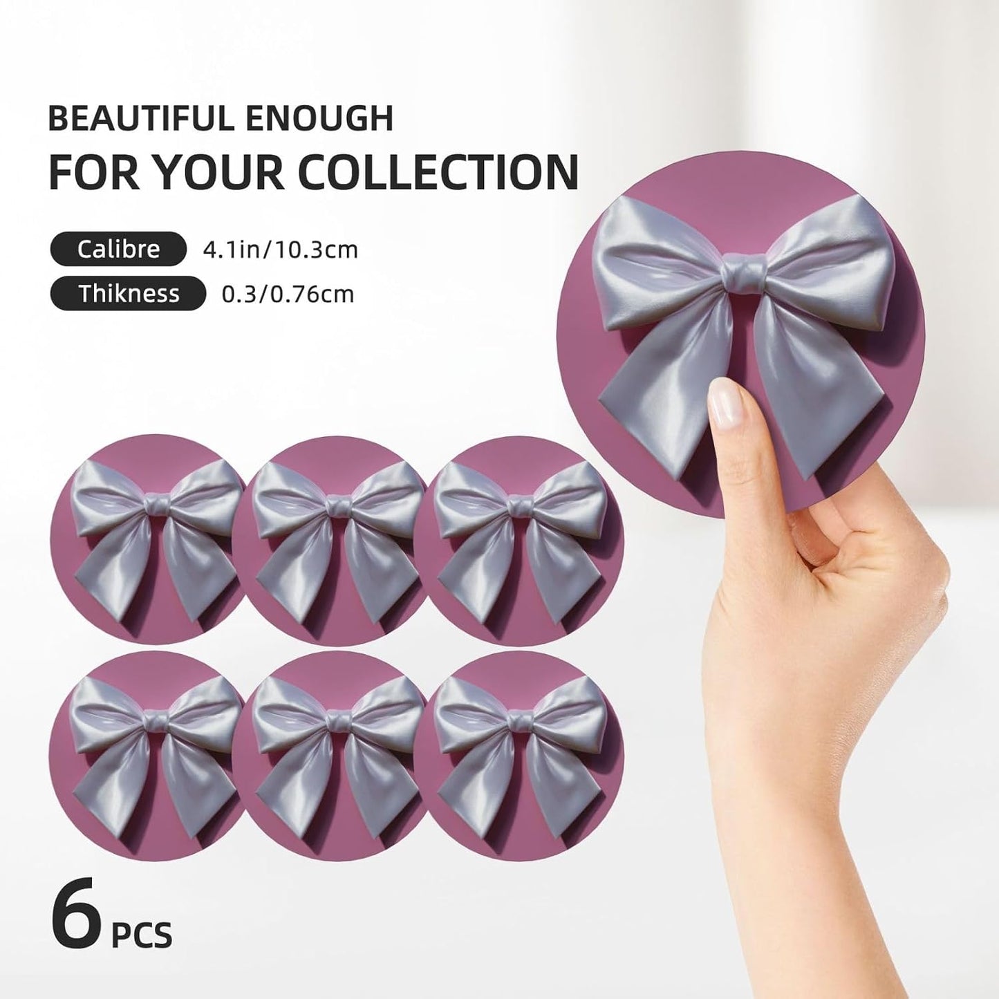 White Satin Bow On Light Pink Ceramic Coasters with Holder Set of 6 Coffee Cup Drink Coasters