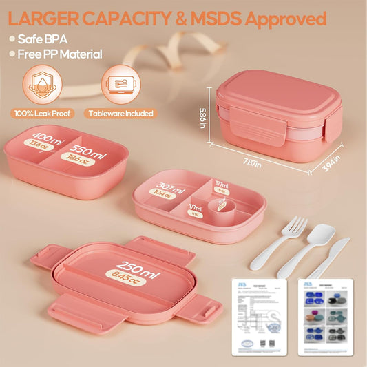 Adults Bento Lunch Box Set with Lunch Bag, 3-Tier Stackable Leak-Proof Lunch Containers, BPA-Free Bento Box with Built-in Utensils,Microwave & Dishwasher Safe for Work, School, Dining Out（Pink）