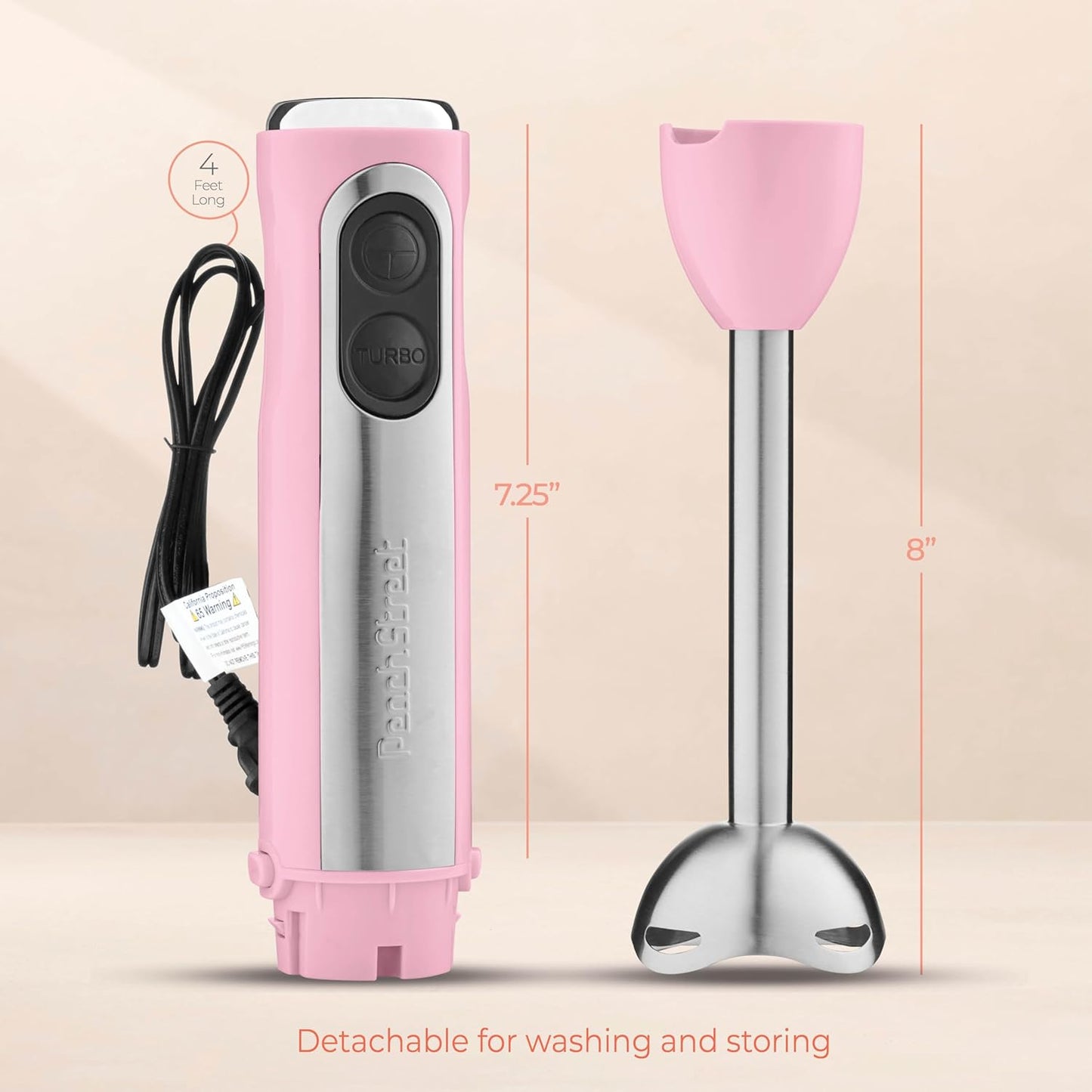 Powerful Immersion Blender, Electric Hand Blender 500 Watt with Turbo Mode, Detachable Base. Handheld Kitchen Blender Stick for Soup, Smoothie, Puree, Baby Food, 304 Stainless Steel Blades (Pink)