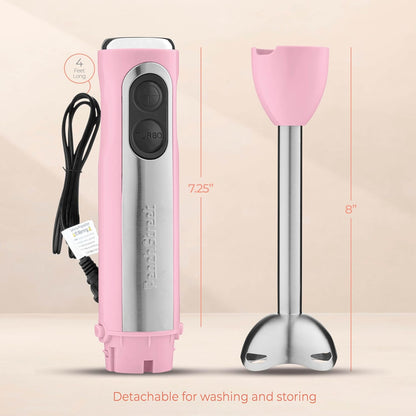 Powerful Immersion Blender, Electric Hand Blender 500 Watt with Turbo Mode, Detachable Base. Handheld Kitchen Blender Stick for Soup, Smoothie, Puree, Baby Food, 304 Stainless Steel Blades (Pink)