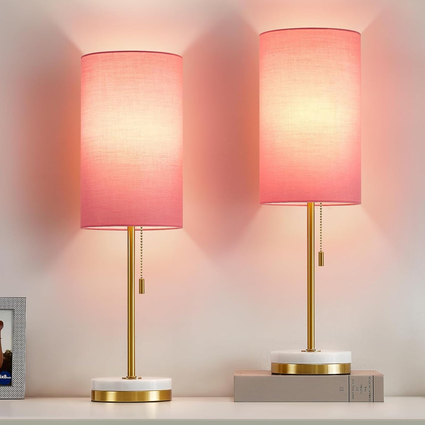 Luvkczc Minimalist Table Lamp Set of 2, Nightstand Lamp for Bedroom Living Room, Modern Pull Chain Bedside Lamp with Marble Base, Fabric Shade, Small Desk Lamp for Home, Office, Reading,Pink