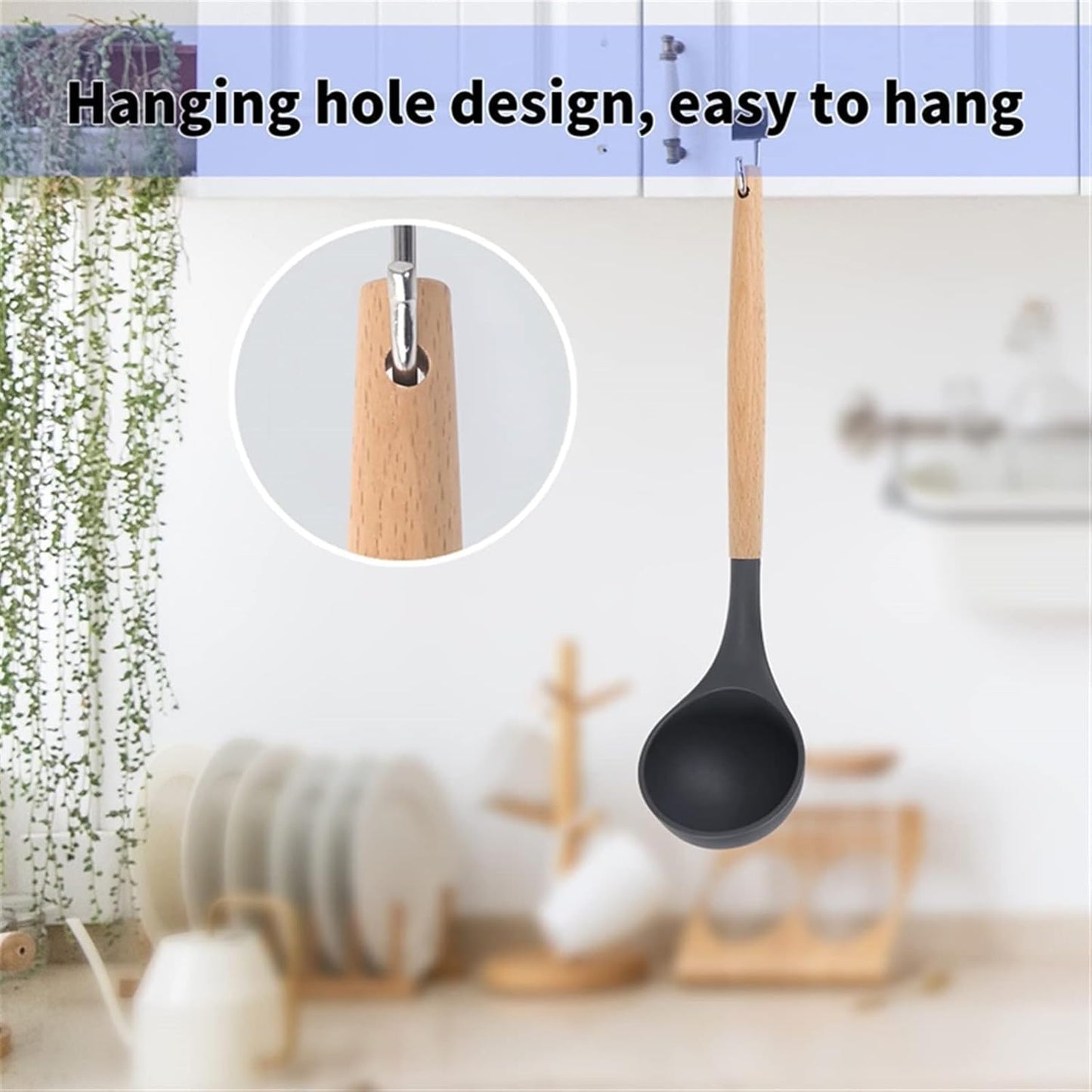 Heat Resistant Soup Ladle with Wooden - 4 Colors, Perfect for Cooking & Serving Soup, Sauce, Chili, Gravy & Salad - Kitchen Essential (Pink) Deep Gray