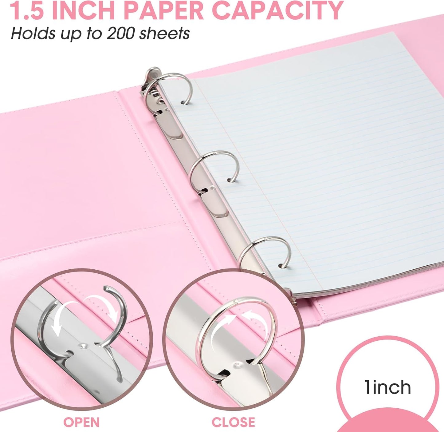 Marspark 2 Pcs 3 Ring Leather Binder Notebook Vintage Professional Binder Hardback Letter Size 8.5 x 11 Documents Round Rings Holds 200 Sheets with 2 Inner Pockets(1.5 Inch,Light Pink)