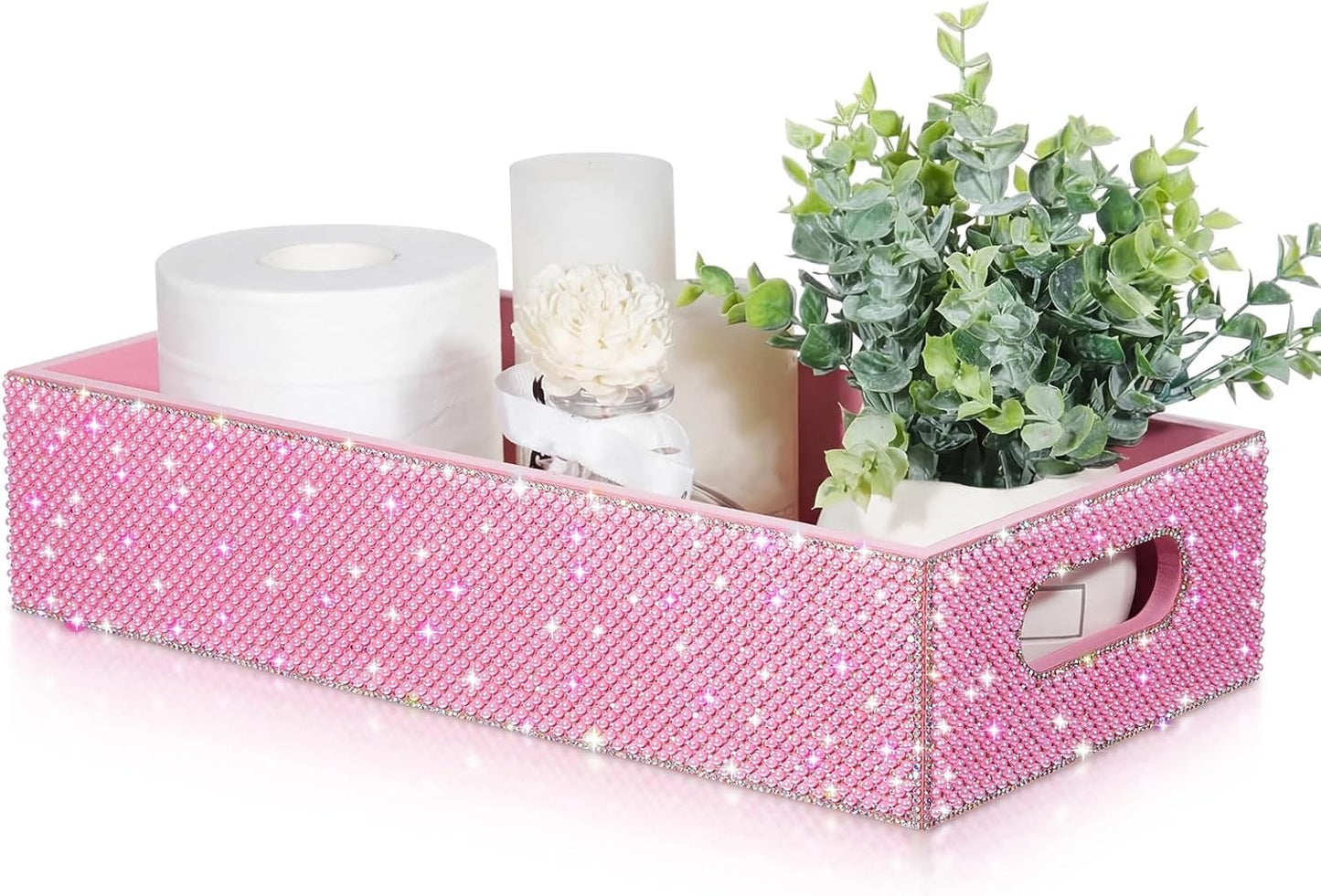 Honeydak Bling Rhinestone Pink Pearl Bathroom Basket with Handle, 13" x 6" x 3" Toilet Tank Tray, Crushed Diamond Bathroom Decor, Back of Toilet Storage Organizer, Sparkly Gifts for Women