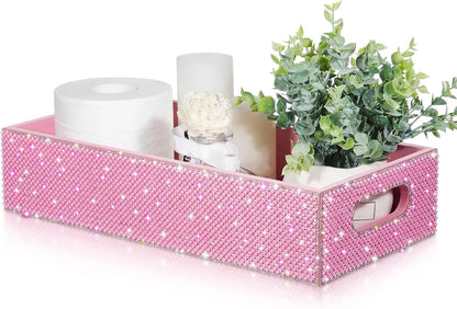 Honeydak Bling Rhinestone Pink Pearl Bathroom Basket with Handle, 13" x 6" x 3" Toilet Tank Tray, Crushed Diamond Bathroom Decor, Back of Toilet Storage Organizer, Sparkly Gifts for Women