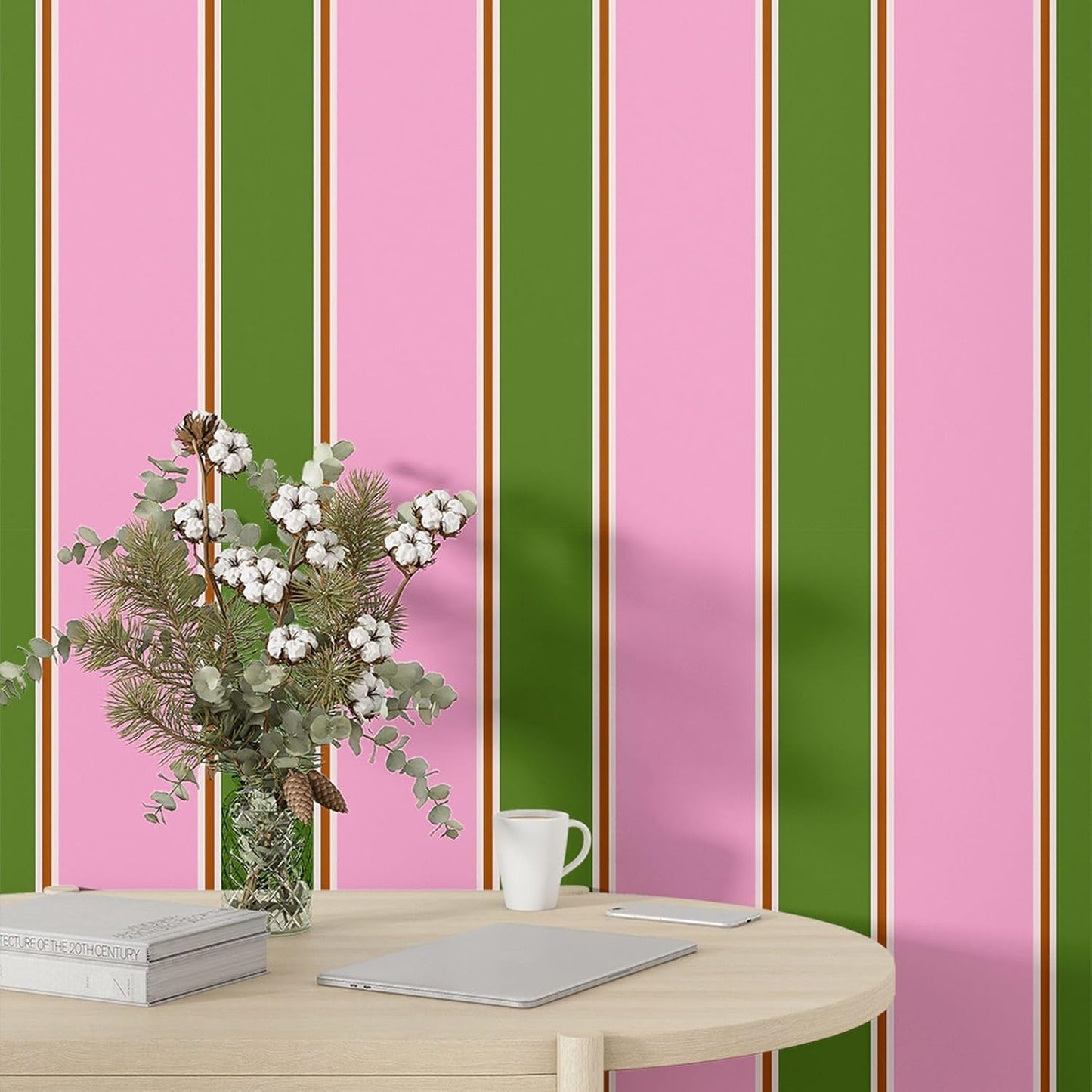 Stripe Wallpaper Mural Pink and Green Peel and Stick Wallpaper Retro Pastel Self-Adhesive Wall Paper for Girl Room Temporary Removable Contact Paper for Cabinets and Drawer 17.7" x 118"