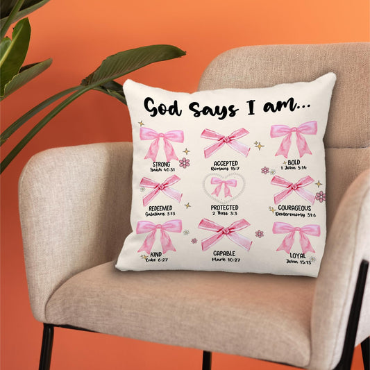God Says I Am Bible Pillow Covers 18x18 - Pink Coquette Bow Bible Verse Throw Pillow Covers, Coquette Room Decor, Inspirational Coquette Christian Gifts for Women