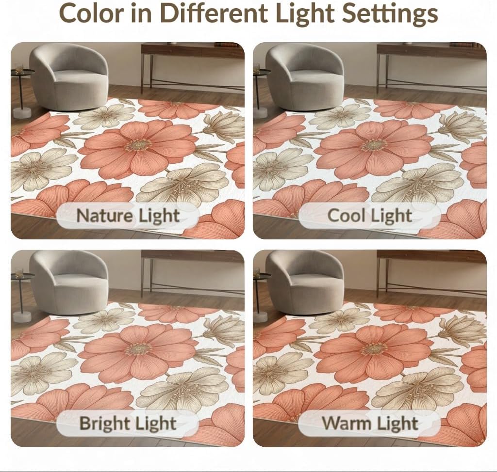 5'x7' Washable Flatwoven Rug, Peach Modern Floral Stain Resistant Area Rug for Guest Room, Lounge, Apartment, Non-Slip Low Profile Floor Covering | Ref:2129430