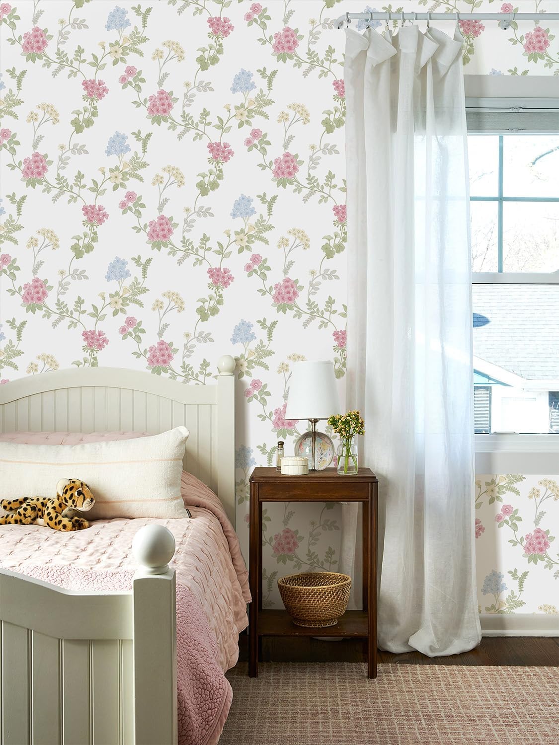 Orainege Pink Floral Peel and Stick Wallpaper Removable Self Adhesive Wall Paper 16.9inx118.1in Modern Wallpaper for Bedroom Bathroom Green Leaf Contact Paper for Cabinets
