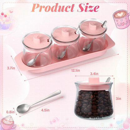 3 Pcs Pink Glass Coffee Containers with Lids and Spoons, 30.5 oz Condiment Jars Coffee Bar Station Organizer Canister Set for Sugar Candy Tea Kitchen Counter Storage Jars with Tray