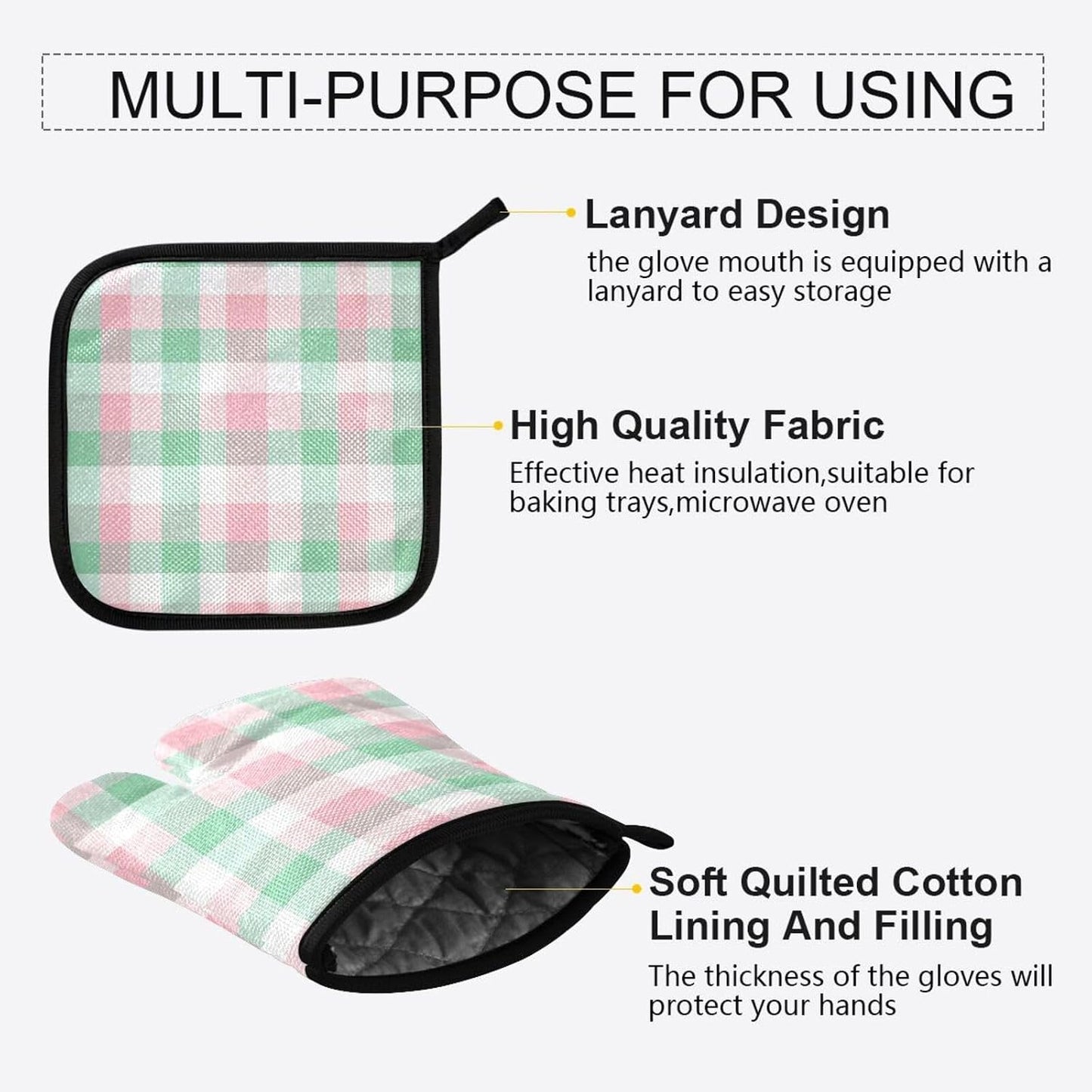 Light Pink Green Checkered Oven Mitts and Pot Holders Set for Cooking Baking Kitchen Decor