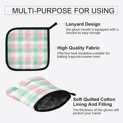 Light Pink Green Checkered Oven Mitts and Pot Holders Set for Cooking Baking Kitchen Decor