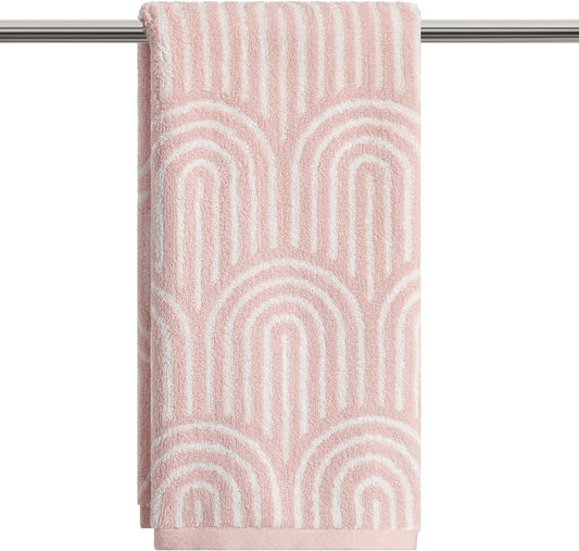 Artoid Mode 1 Pc Beige Pink Arched Stripes Jacquard Hand Towels for Bathroom, 100% Cotton Soft Absorbent Bathroom Decor Towels, 13.7 x 29.5 Inch
