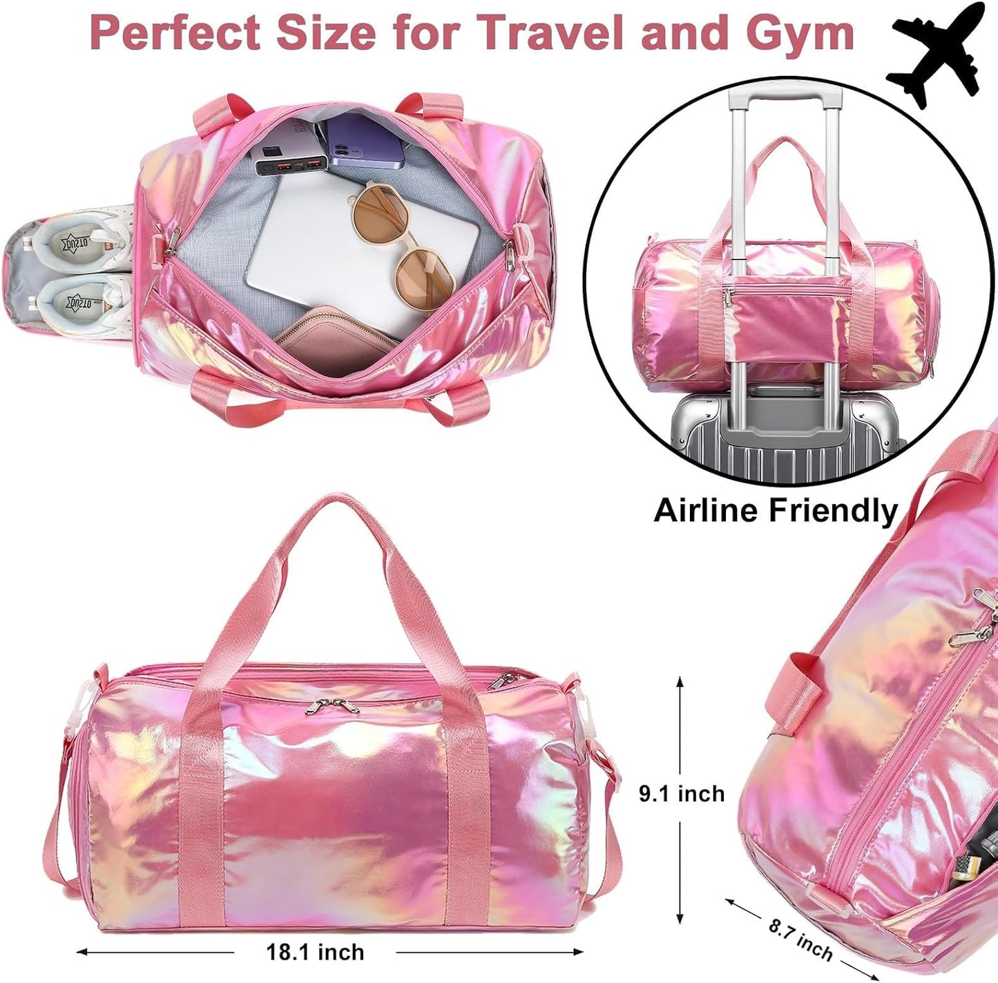 Gym Bag Sports Duffle Bag with Wet Pocket Weekender Overnight Bag with Waterproof Shoe Pouch and Air Hole for Girls Kids Women Travel Foldable Bag