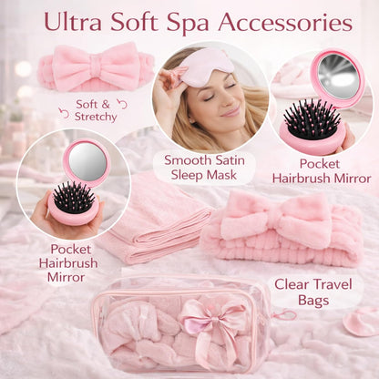 Yebo 64 Pcs Pink Bow Spa Party Favors for Women and Girls, 8 Set Sleepover Spa Party Supplies with Sleep Eye Mask, Wristband, Scrunchie, Bow Headband, Mirror, Hair Comb and Gift Bags