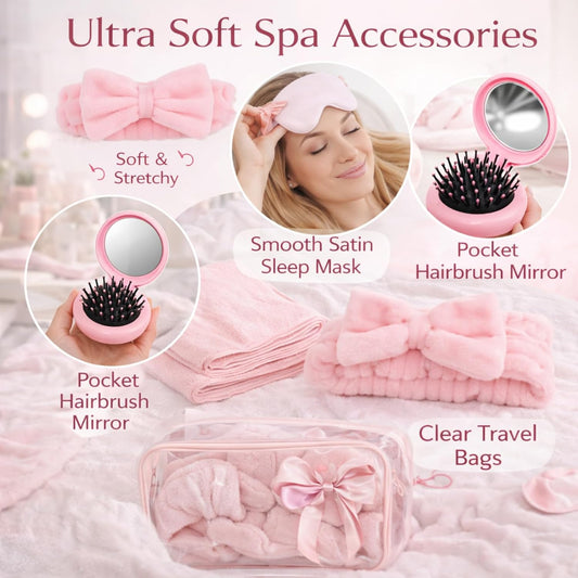 Yebo 64 Pcs Pink Bow Spa Party Favors for Women and Girls, 8 Set Sleepover Spa Party Supplies with Sleep Eye Mask, Wristband, Scrunchie, Bow Headband, Mirror, Hair Comb and Gift Bags