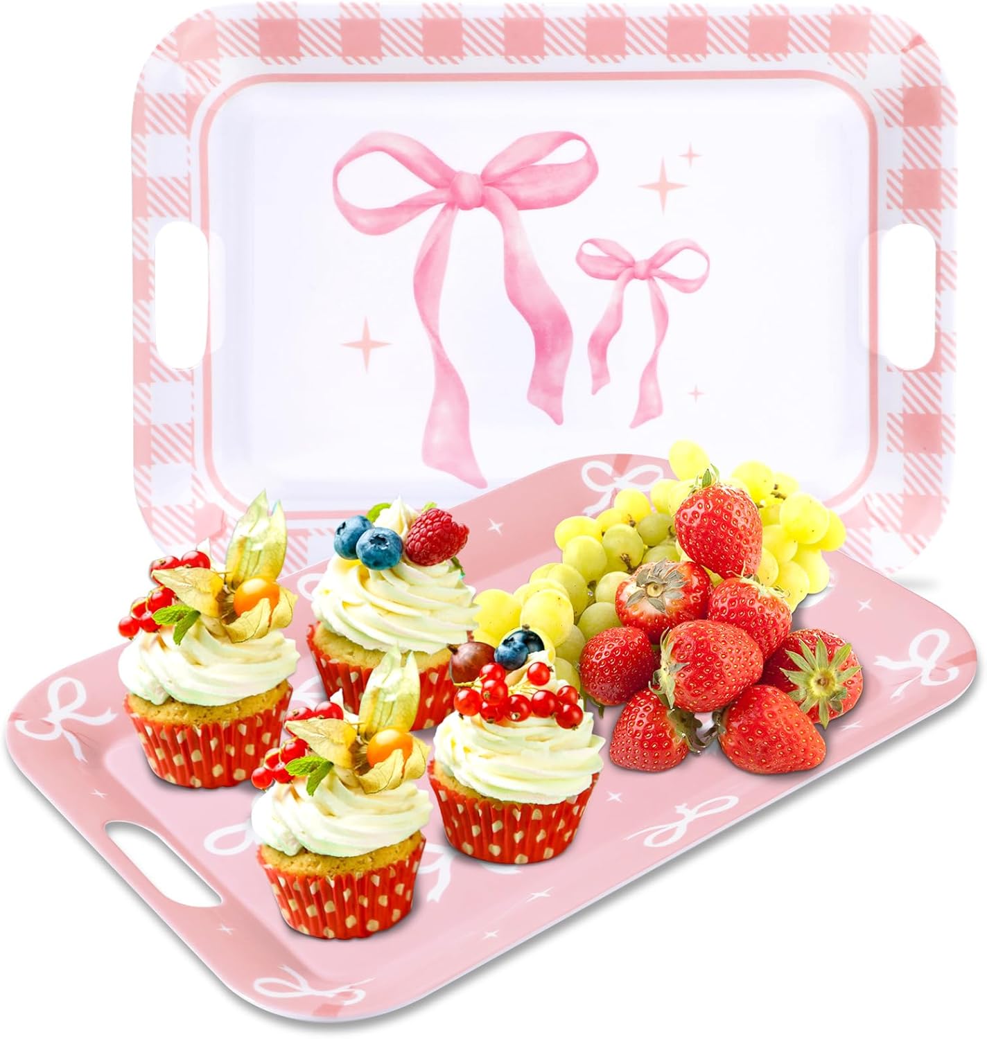 gisgfim 2PCS Pink Bow Serving Trays with Handles 16 X 11 Inch Large Melamine Platter Bow Party Decorations Food Tray Dessert Plate Dish for Girls Bachelorette Wedding Birthday Party Supplies