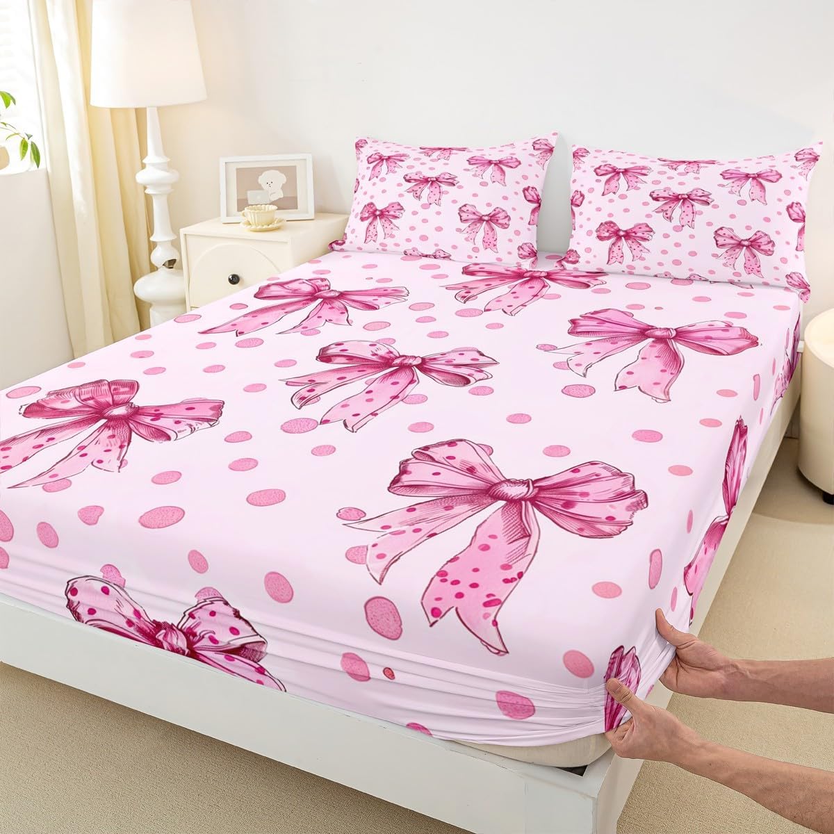 Erosebridal Pink Princess Bow Bed Sheets Full Cute Coquette Bowknot Sheet Set Kawaii Ribbon Bow Bedding Set for Kids Girls Teen,Pink Watercolor Polka Dot Fitted Flat Sheets 4 Piece
