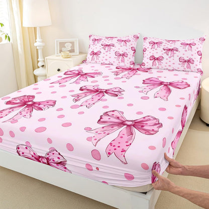 Erosebridal Pink Princess Bow Fitted Sheet Twin Cute Coquette Bowknot Bed Sheets Kawaii Ribbon Bow Bedding Set for Kids Girls Teen Women,Pink Watercolor Polka Dot Bed Cover 2 Pcs